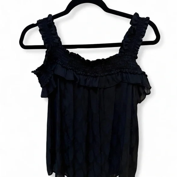 Anthropologie Black Ruffle Leaf Print Off-Shoulder Women's Whimsigoth Flirty Top - Picture 2 of 6